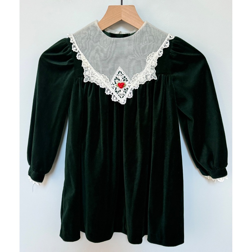 Bonnie Jean Vintage Velvet Dress Girls Size 6 Green Lace Collar‎ Holiday Party